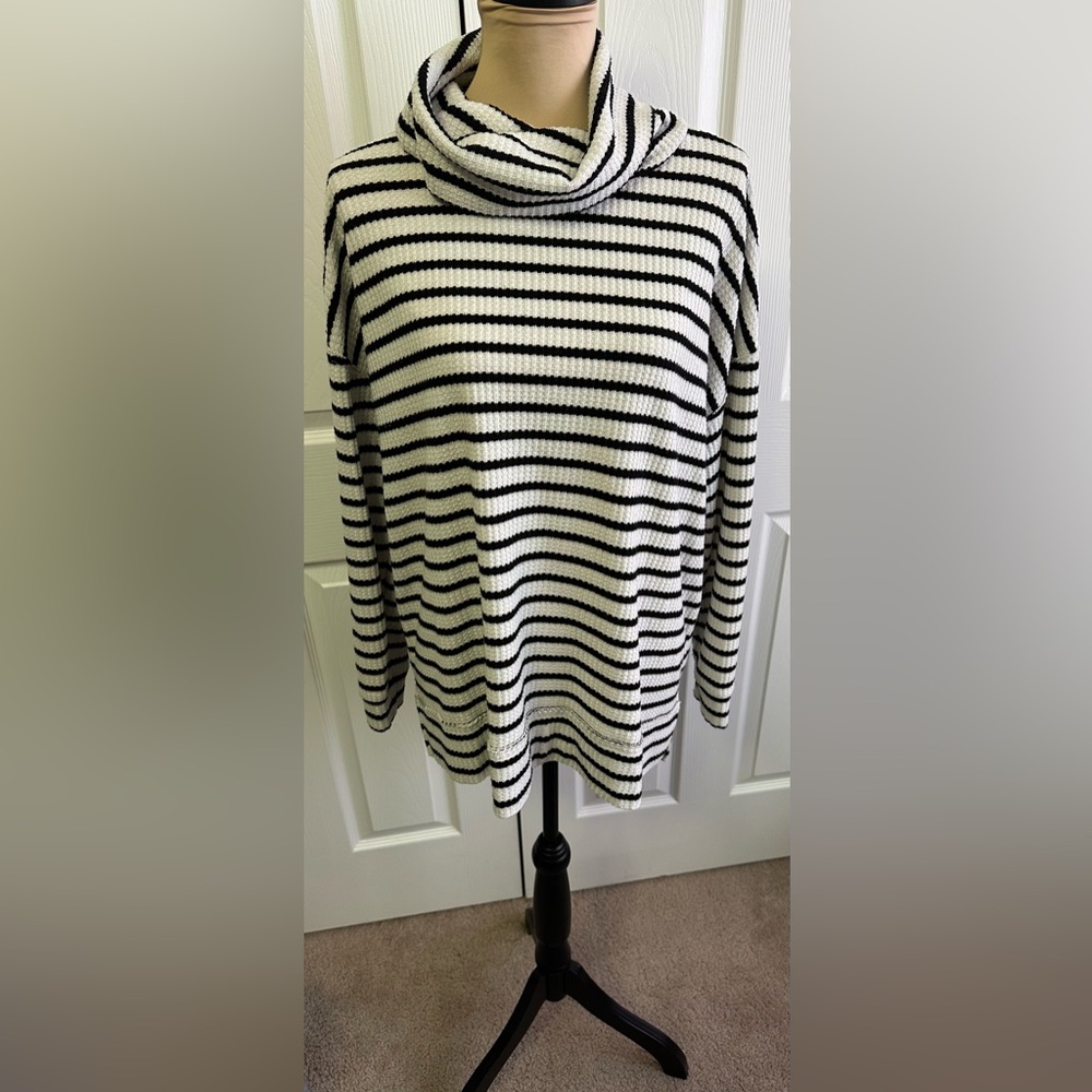 Lou & Grey Black and White Striped Cowl Neck Sweater